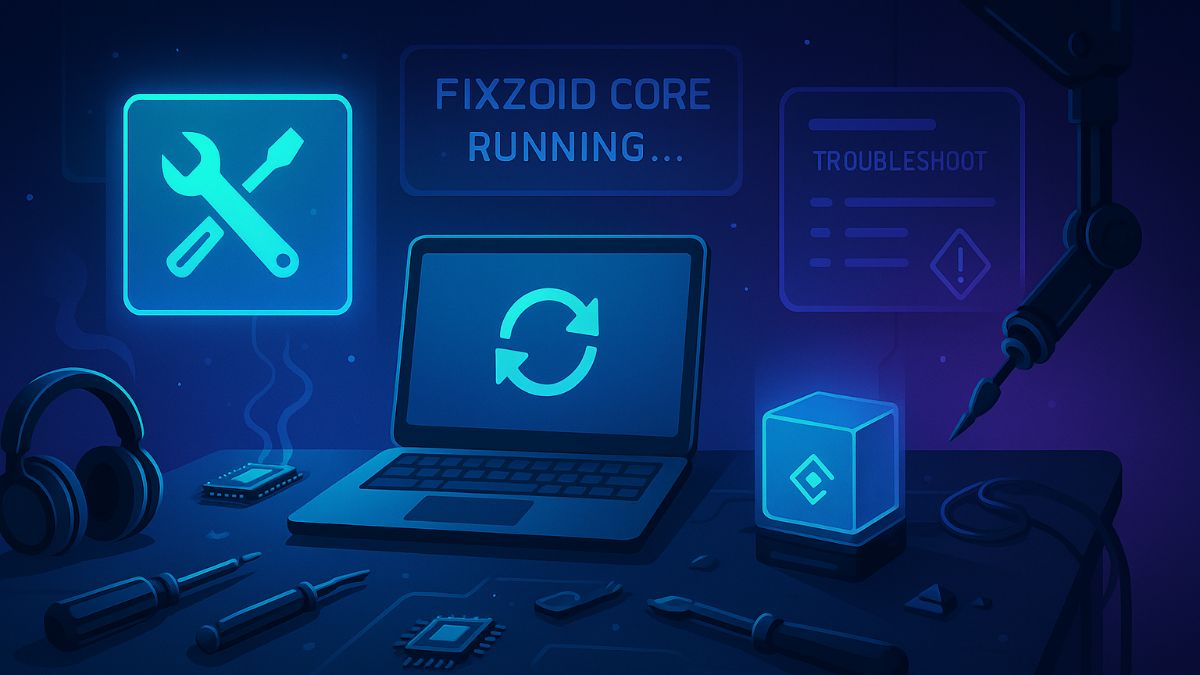 Futuristic repair workstation with tools and laptop showing Fixzoid interface – visual concept of tech support and troubleshooting platform