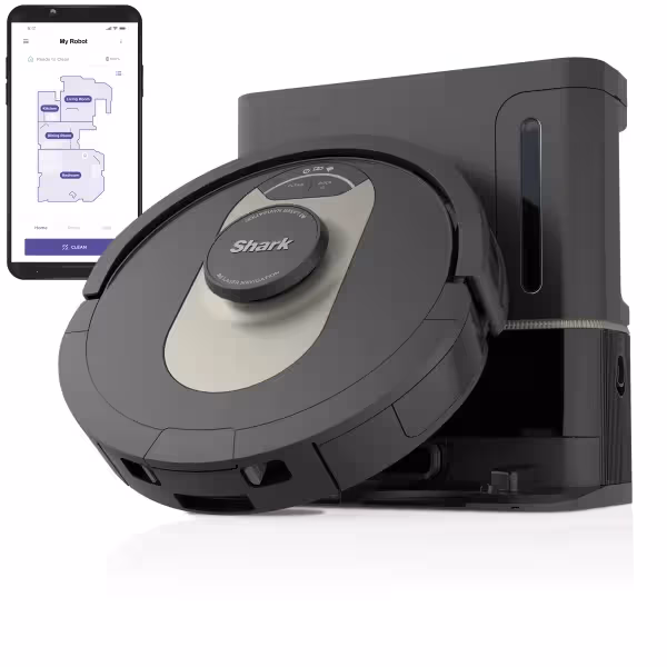 Shark AV2501AE AI Robot Vacuum with XL HEPA self-empty base, showcasing budget-friendly robot vacuum with premium features