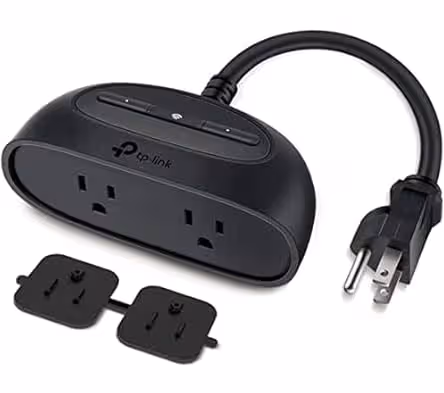 Kasa Outdoor Smart Plug KP400 with IP64 weatherproof rating, dual outlets, and robust design for controlling outdoor lights, decorations, and garden equipment