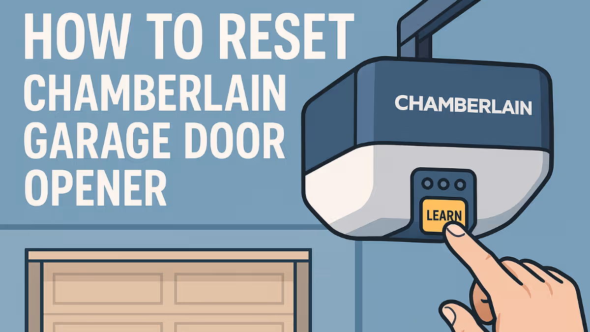 Chamberlain garage door opener motor unit showing learn button and LED indicator for remote programming and system reset