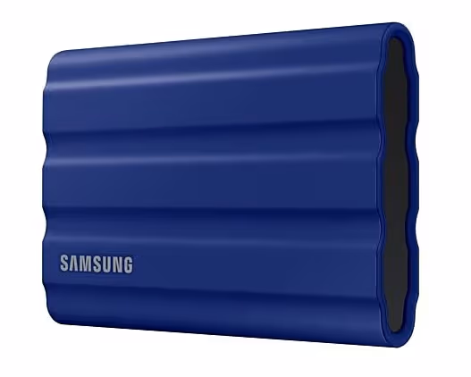 Samsung T7 Shield external SSD with rugged IP65-rated design, showing the durable black casing and USB-C connectivity for ultimate portability and protection