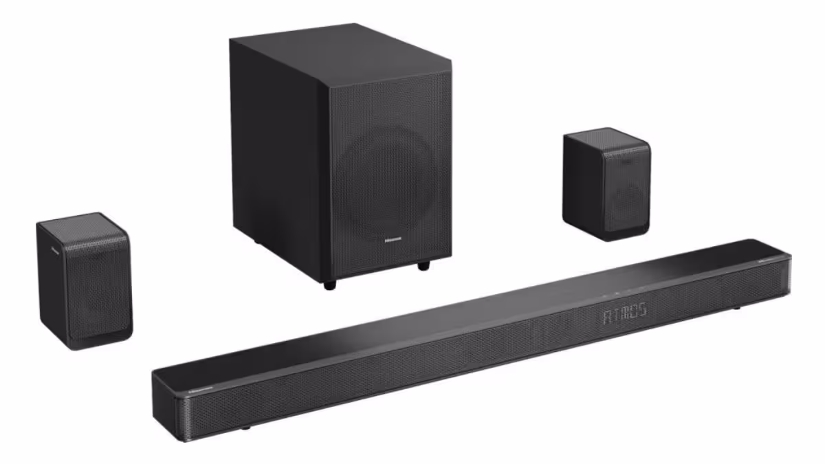 Hisense AX5125H budget soundbar with wireless subwoofer and rear satellite speakers showing 5.1.2 Dolby Atmos setup for home theater under $150