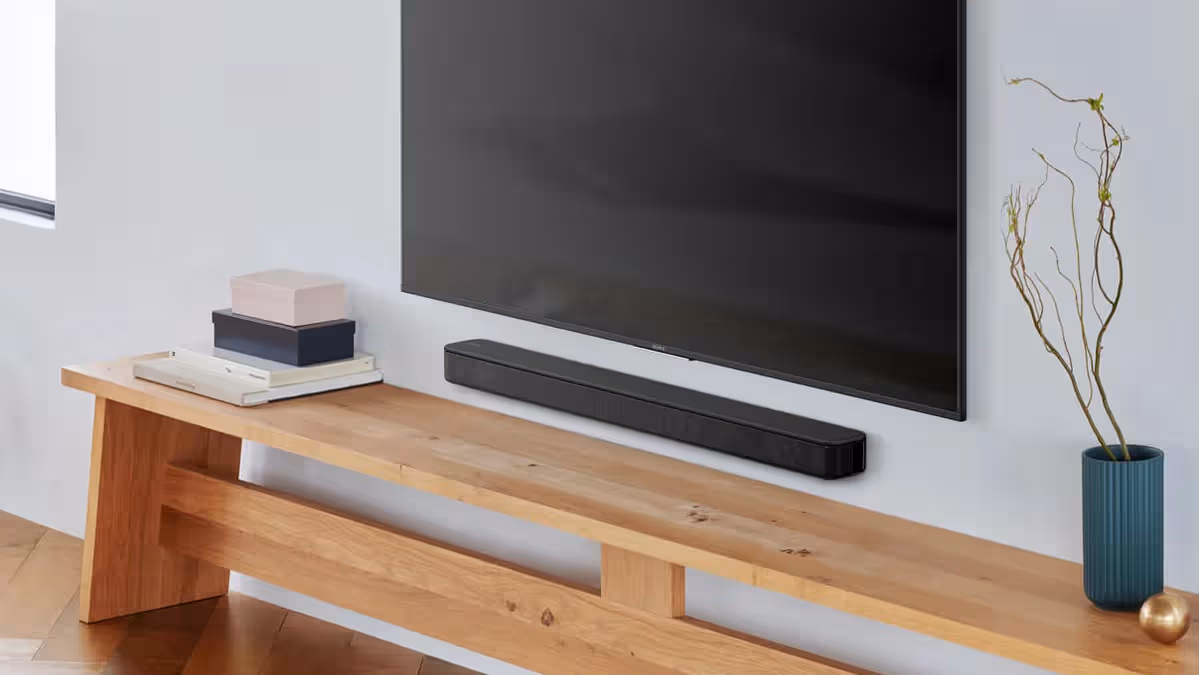 Sony HT-S100F budget soundbar under $100 showing slim profile design with clear dialogue enhancement and multiple connectivity ports