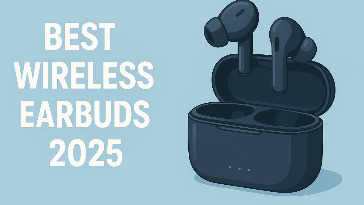 Best wireless earbuds 2025 – illustration of modern wireless earbuds with charging case on light background, top picks for audio in 2025.