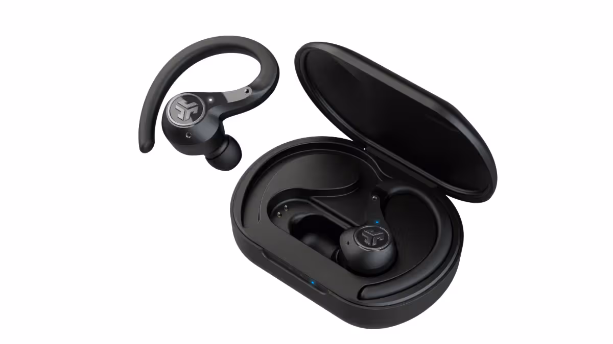 JLab Epic Air Sport workout earbuds with sport ear hooks and IP66 rating designed for secure fit during exercise and outdoor activities