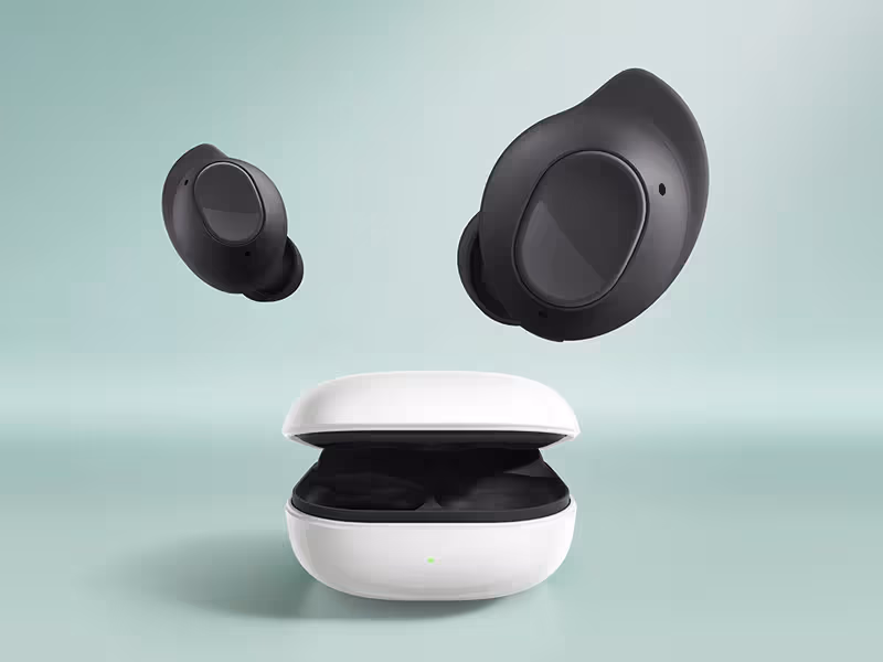 Samsung Galaxy Buds FE wireless earbuds with Galaxy Wearable app integration showing seamless Android connectivity and active noise cancelling features
