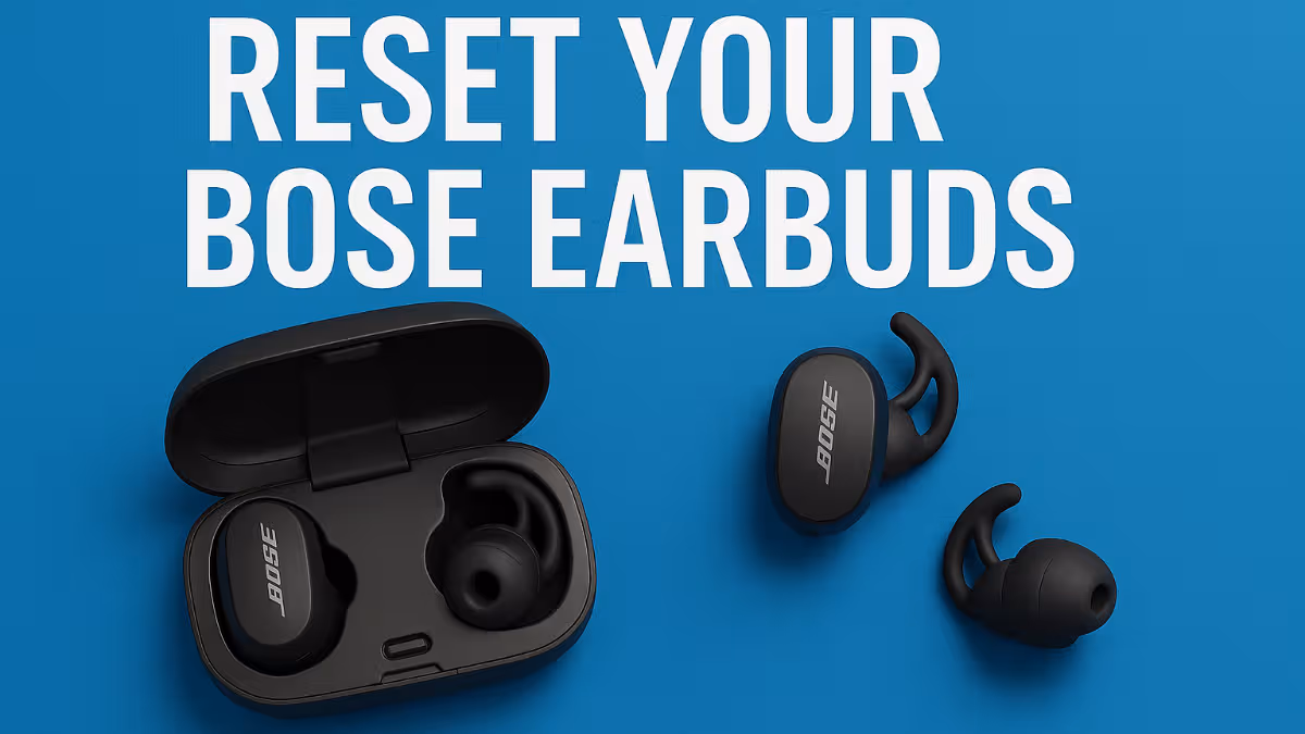 Bose wireless earbuds in charging case showing button combinations for factory reset and pairing mode