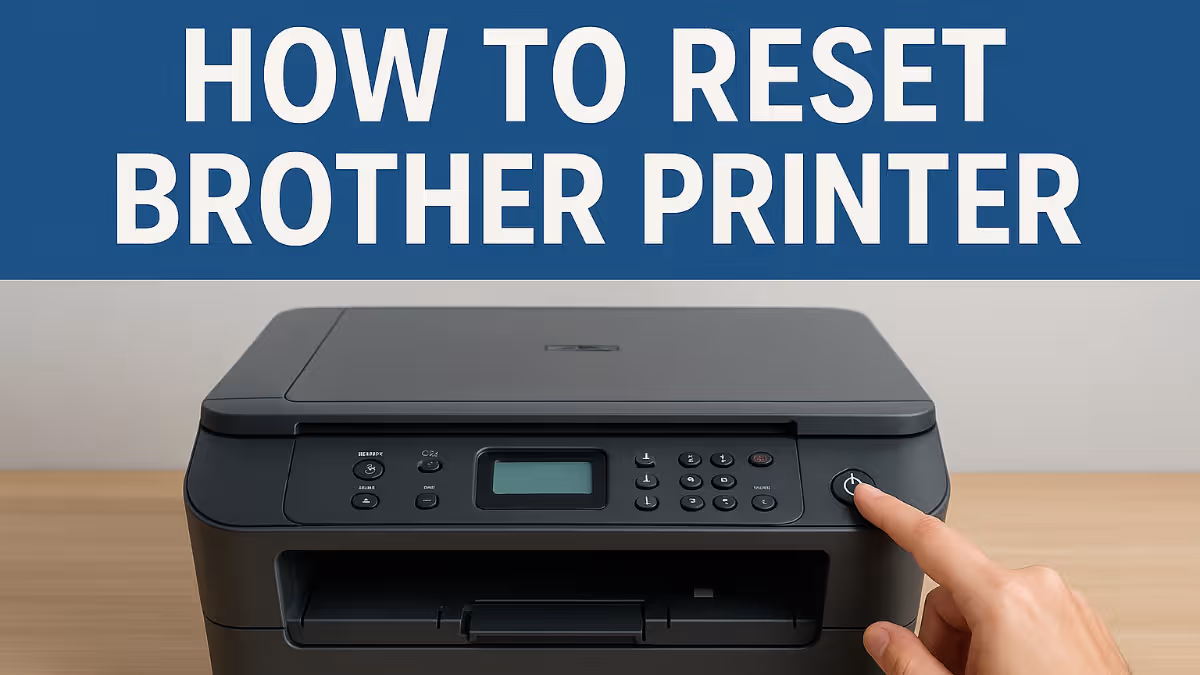 Brother printer display panel with menu navigation showing network and factory reset options