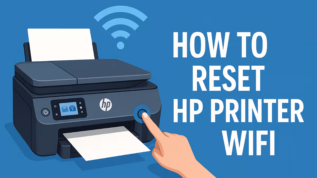 HP printer wireless setup screen showing network settings and WiFi password entry for connection reset and troubleshooting