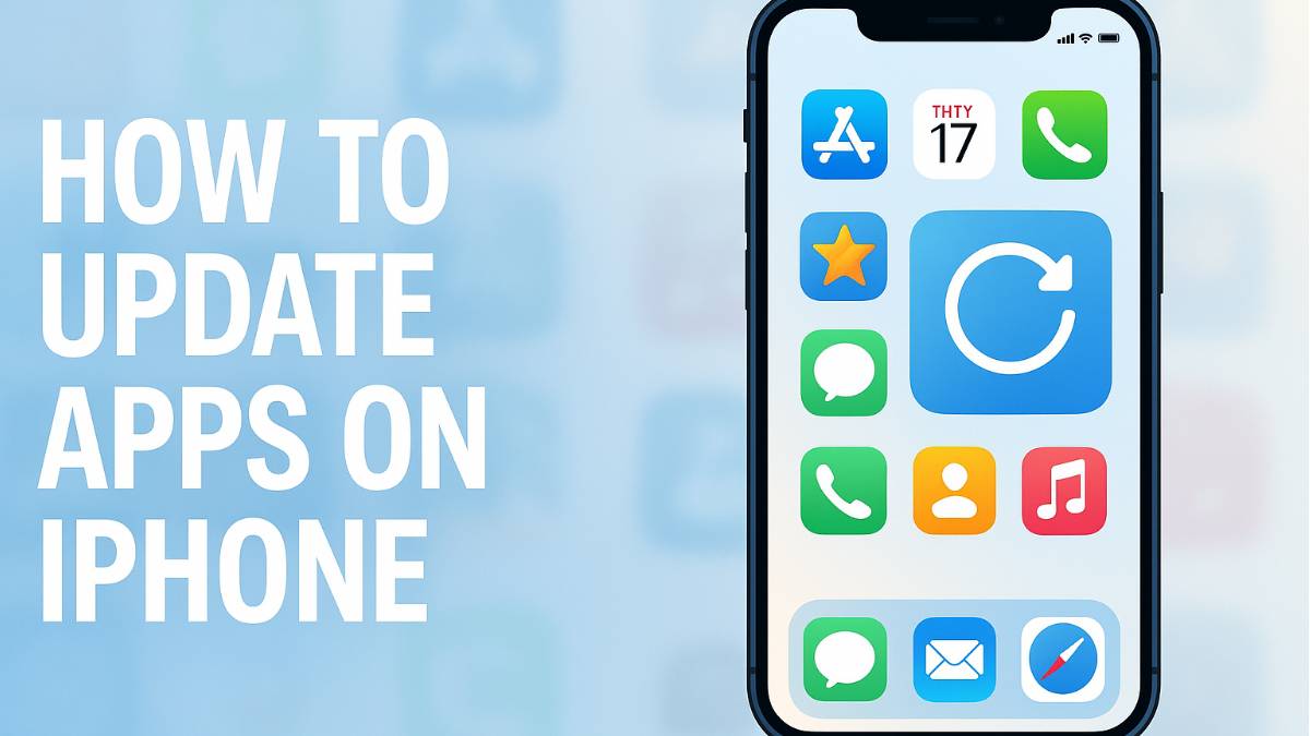How to update apps on iPhone – illustration of iPhone screen with app update icons on gradient background, visual guide for updating iPhone apps.